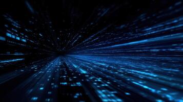 The fast-moving blue light streams in a digital cosmos environment. photo