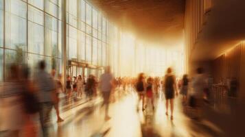 The dynamic atmosphere of a bustling urban hall filled with sunlight and movement. photo