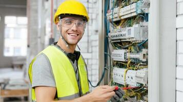 The electrician working on wiring in a modern construction site. photo