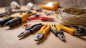 The collection of essential tools on a wooden workspace for electrical repairs. photo