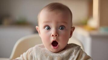 The surprised baby with wide eyes and an open mouth expressing joy. photo