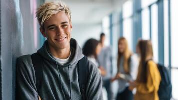 The young man smiling confidently while leaning against the wall in a school hallway. photo