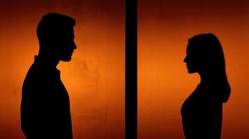 The Romantic Silhouettes of a Couple Against an Orange Background photo
