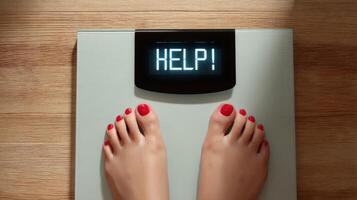 The scale displaying an urgent message for help regarding weight management. photo