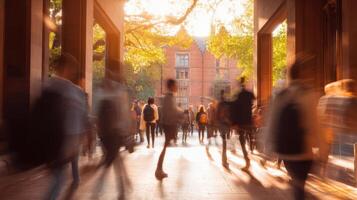 The bustling university campus filled with students enjoying autumn light. photo