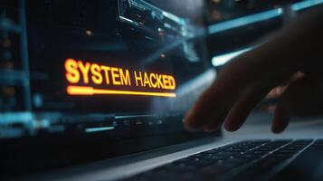 The System Hacked Alert on a Laptop Screen with a User's Hand photo