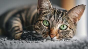 The adorable tabby cat relaxing on a cozy surface with captivating green eyes. photo