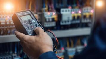 The technician using a multimeter to measure electrical currents in the control panel. photo