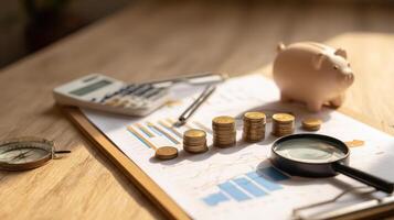 The piggy bank and coins illustrating financial growth and savings strategy. photo