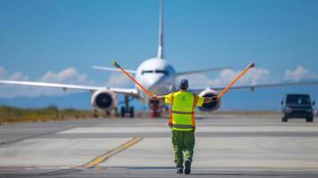 The airport worker guiding an airplane on the runway with signaling wands. photo
