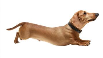 The dachshund stretching comfortably in a playful pose against a white background. photo