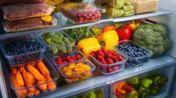 The colorful assortment of fresh fruits and vegetables in a refrigerator. photo