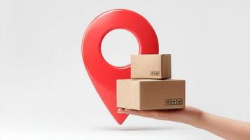 The hand holding cardboard boxes near a large location pin symbol. photo