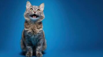 The adorable gray cat showcasing its playful personality against a vibrant blue backdrop. photo