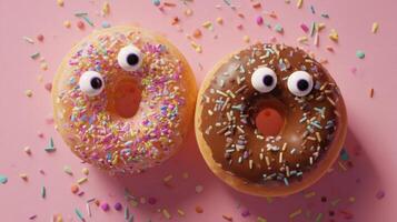 The playful donuts with googly eyes set against a vibrant pink background. photo