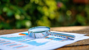 The magnifying glass on a detailed analytics report in a serene outdoor setting photo