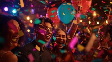 The joyful celebration filled with laughter and colorful confetti at a vibrant party. photo