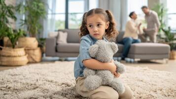 The child holding a teddy bear in a cozy living room setting. photo