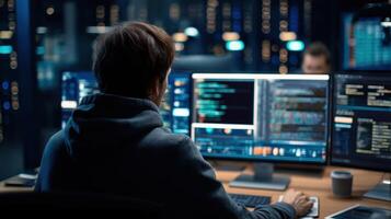 The coder working in a collaborative tech environment late at night. photo