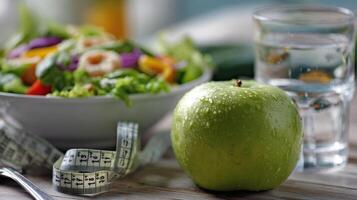 The fresh green apple beside a vibrant salad and refreshing water glass. photo