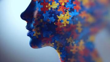The vibrant silhouette of a face filled with colorful puzzle pieces. photo
