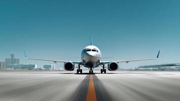 The airplane on the runway ready for takeoff against a clear blue sky. photo