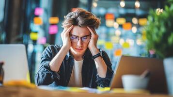 The young man struggles with stress and frustration in a modern workspace. photo