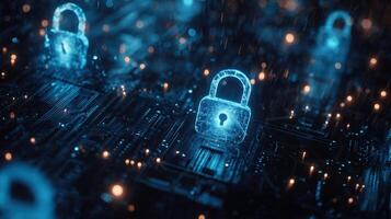 The secure digital locks protecting essential data in a futuristic landscape photo