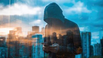The hooded figure using a smartphone against a vibrant city backdrop. photo