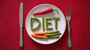 The Creative Arrangement of Vegetables Spelling DIET on a Plate photo