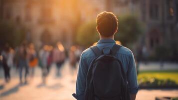 The man with a backpack enjoying a sunset in a bustling city street. photo
