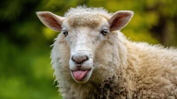 The charming sheep sticking its tongue out in a vibrant green setting. photo