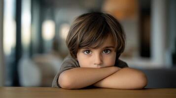 The thoughtful boy resting his arms on the table in a cozy indoor setting. photo