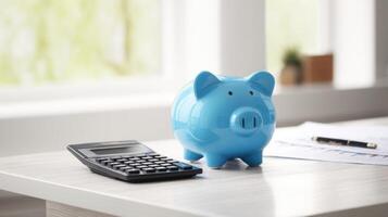 The blue piggy bank and calculator on the desk for financial planning. photo