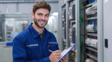 The technician reviewing electrical systems with a smile in a modern workplace setting. photo
