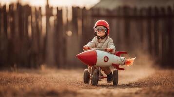 The adventurous child riding a toy rocket in a sunlit outdoor setting. photo