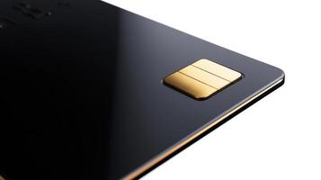 The sleek black credit card with a prominent golden chip design. photo
