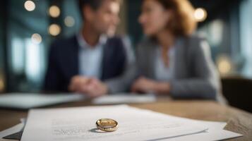 The elegant gold ring symbolizing love amidst a couple's significant conversation. photo