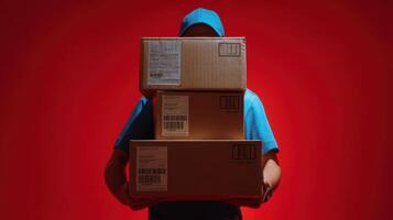 The delivery person handling boxes against a vibrant red background. photo