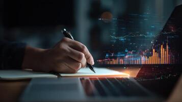 The hand writing on a notepad with data analytics visuals on a laptop. photo