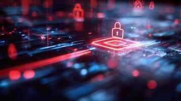 The digital lock securing information in a futuristic cyber landscape photo