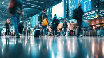 The bustling airport terminal filled with travelers and digital flight displays. photo