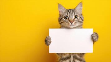 A cat holding a blank sign on a yellow background photo