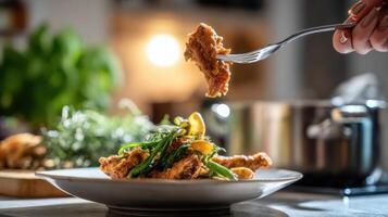 The fork lifts a delicious chicken dish with fresh vegetables from the plate. photo