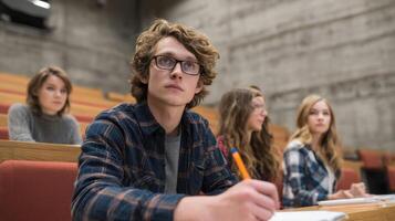 The focused student taking notes during an engaging classroom lecture. photo