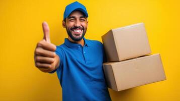 The delivery worker with packages and a thumbs-up against a vibrant yellow backdrop. photo