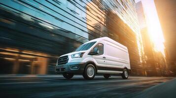 The white delivery van speeding through a bustling urban landscape at sunset. photo