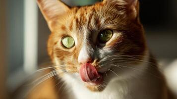 The adorable cat licking its tongue in a sunlit indoor setting. photo