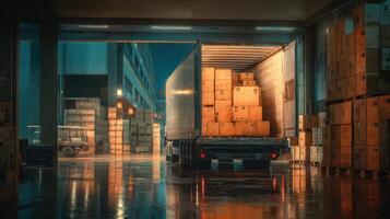 The truck loaded with boxes in a rainy warehouse at night. photo