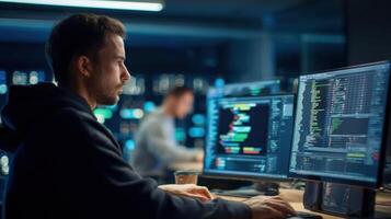 The focused programmer working with multiple screens in a modern office environment. photo